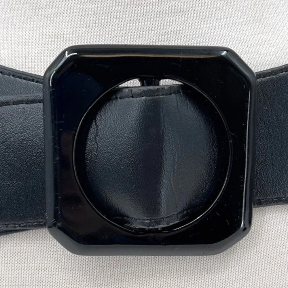 Wide Black Belt Elastic Cinch Waist Square Resin Buckle Pinup Retro Vintage 80s